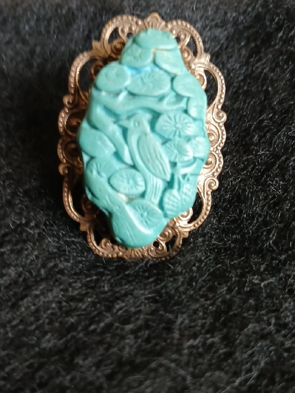 Jan Michaels Of San Francisco‎ Faux Turquoise Carved Bird Cameo Lace Bronze Ring